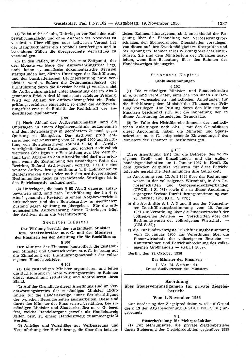 Gesetzblatt (GBl.) der Deutschen Demokratischen Republik (DDR) Teil Ⅰ 1956, Seite 1237 (GBl. DDR Ⅰ 1956, S. 1237)