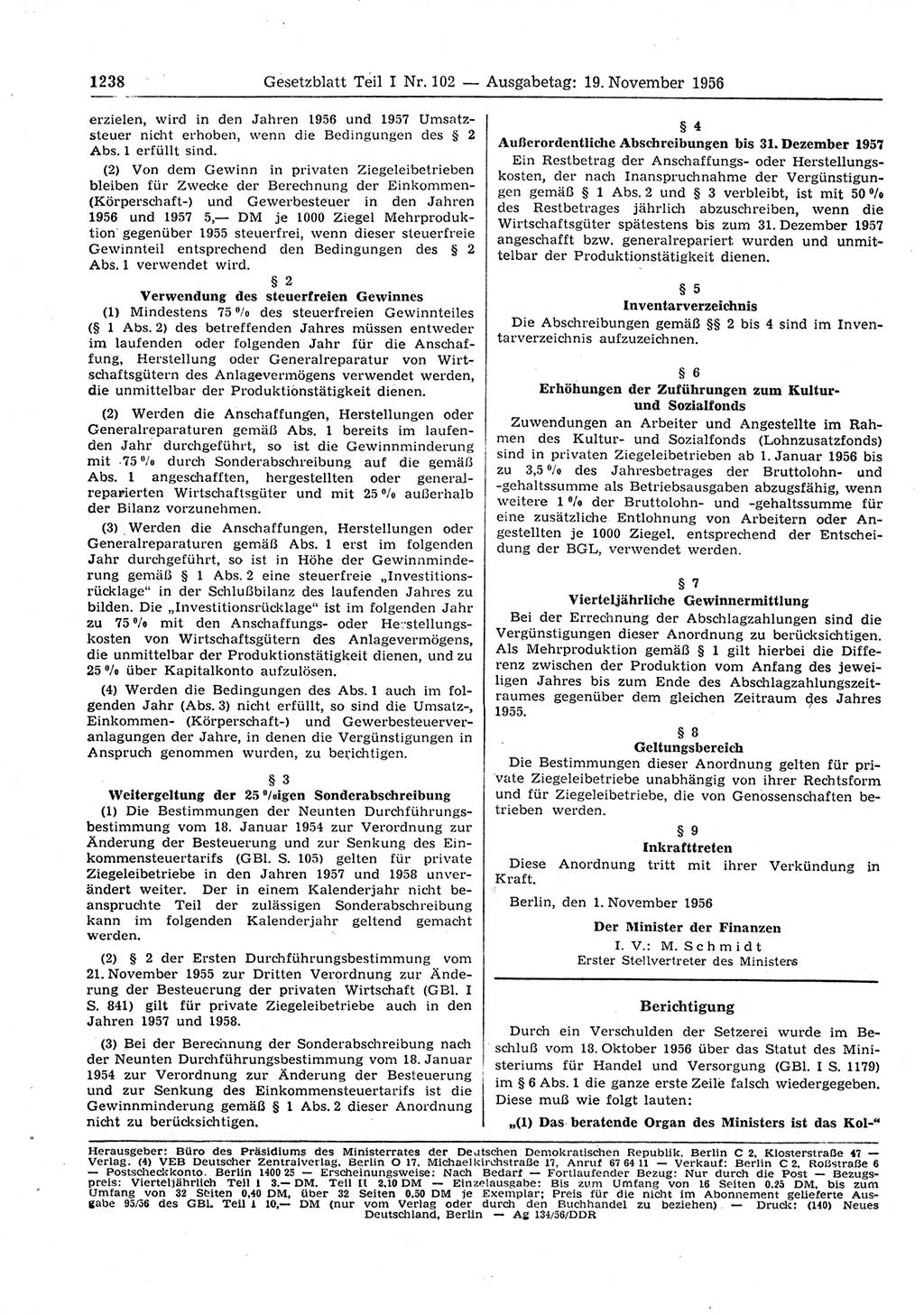 Gesetzblatt (GBl.) der Deutschen Demokratischen Republik (DDR) Teil Ⅰ 1956, Seite 1238 (GBl. DDR Ⅰ 1956, S. 1238)