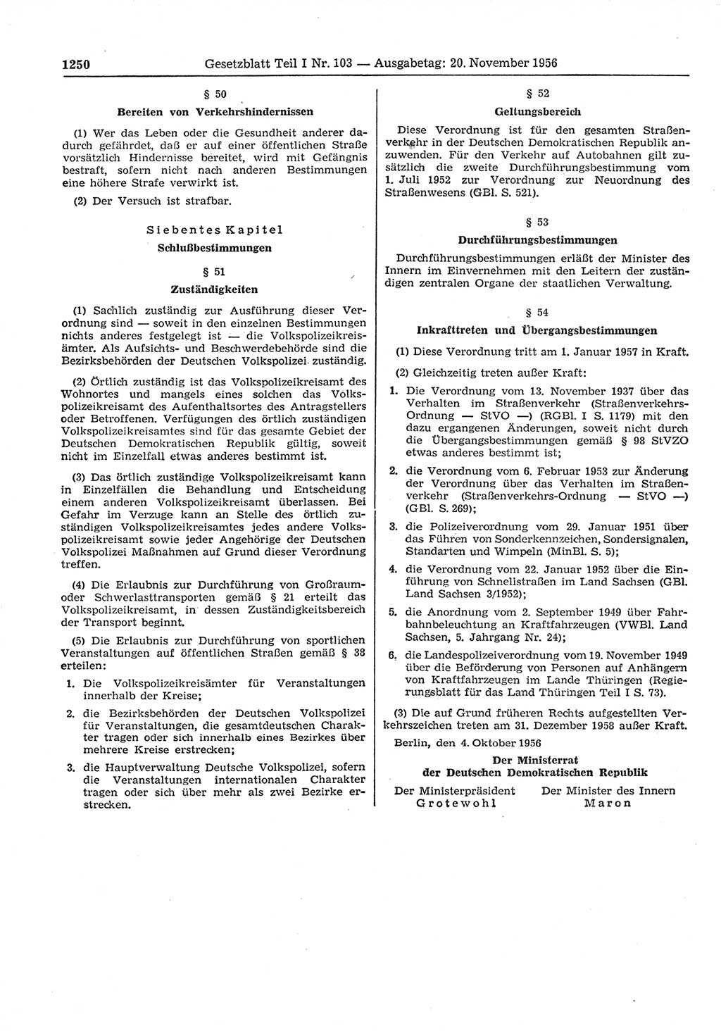 Gesetzblatt (GBl.) der Deutschen Demokratischen Republik (DDR) Teil Ⅰ 1956, Seite 1250 (GBl. DDR Ⅰ 1956, S. 1250)