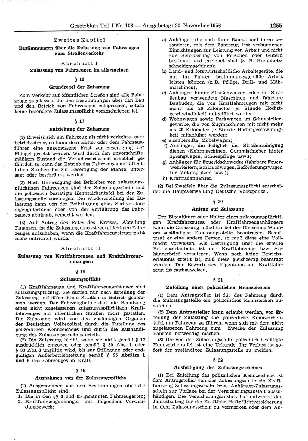 Gesetzblatt (GBl.) der Deutschen Demokratischen Republik (DDR) Teil Ⅰ 1956, Seite 1255 (GBl. DDR Ⅰ 1956, S. 1255)