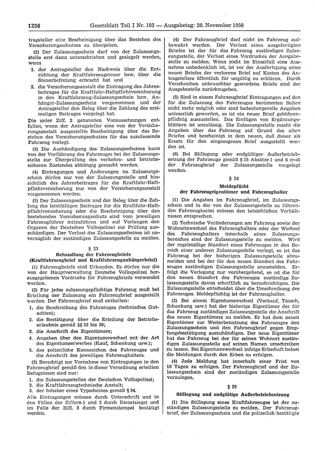 Gesetzblatt (GBl.) der Deutschen Demokratischen Republik (DDR) Teil Ⅰ 1956, Seite 1256 (GBl. DDR Ⅰ 1956, S. 1256)