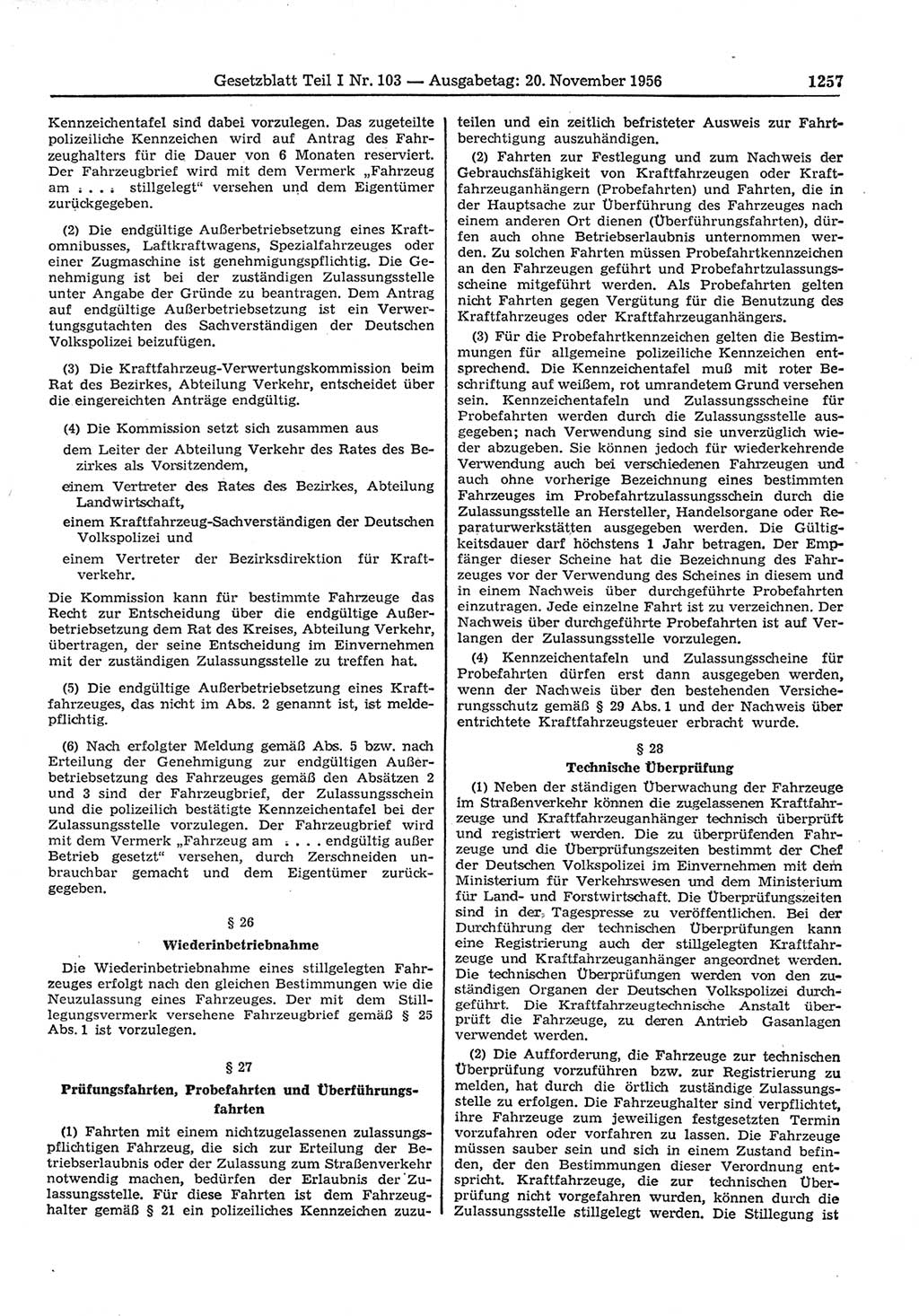 Gesetzblatt (GBl.) der Deutschen Demokratischen Republik (DDR) Teil Ⅰ 1956, Seite 1257 (GBl. DDR Ⅰ 1956, S. 1257)