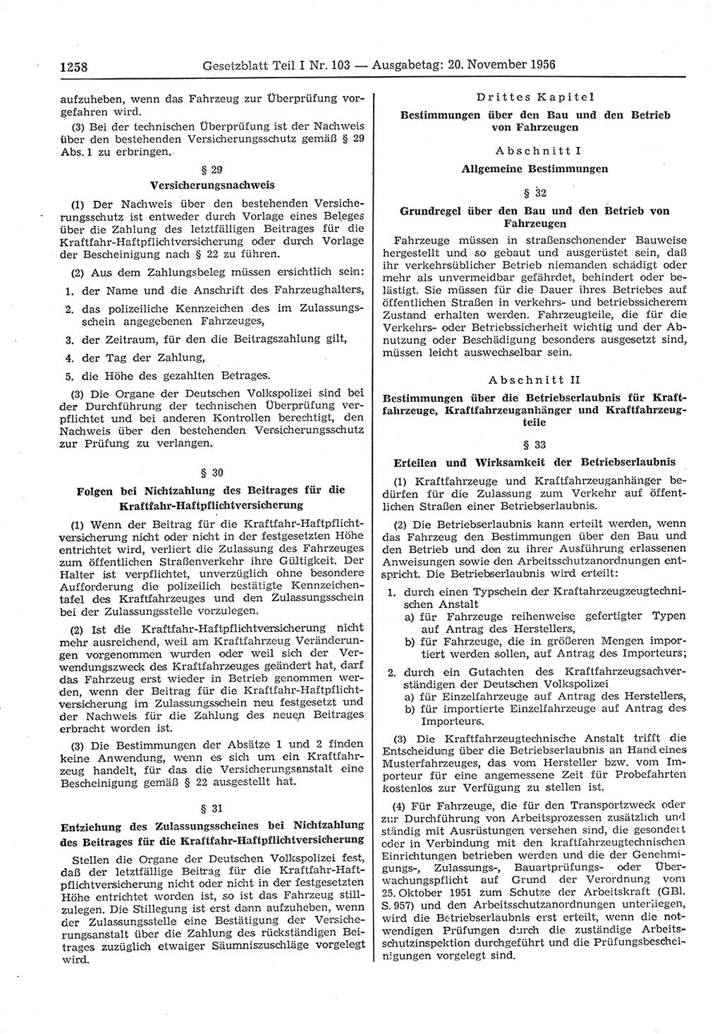 Gesetzblatt (GBl.) der Deutschen Demokratischen Republik (DDR) Teil Ⅰ 1956, Seite 1258 (GBl. DDR Ⅰ 1956, S. 1258)