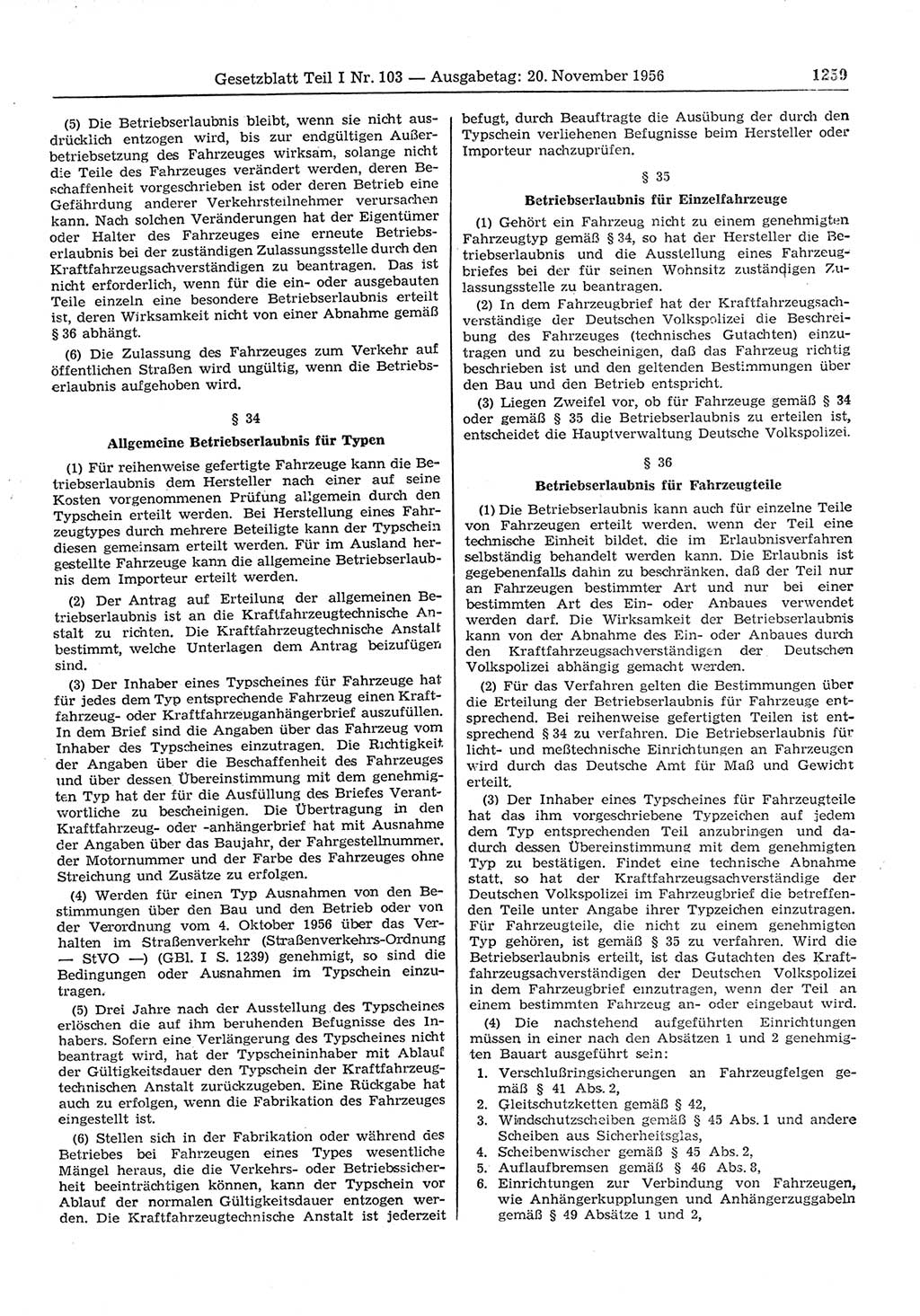 Gesetzblatt (GBl.) der Deutschen Demokratischen Republik (DDR) Teil Ⅰ 1956, Seite 1259 (GBl. DDR Ⅰ 1956, S. 1259)