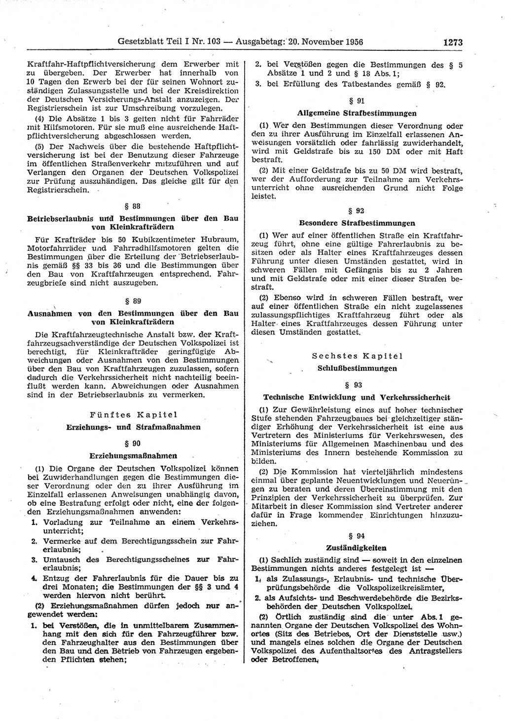 Gesetzblatt (GBl.) der Deutschen Demokratischen Republik (DDR) Teil Ⅰ 1956, Seite 1273 (GBl. DDR Ⅰ 1956, S. 1273)