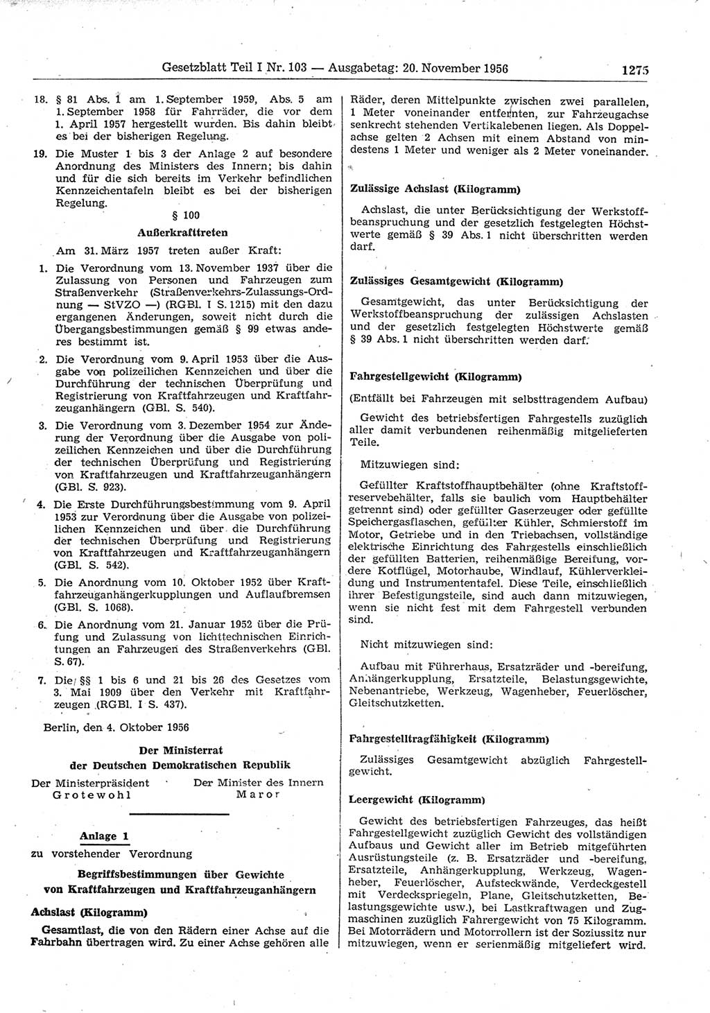 Gesetzblatt (GBl.) der Deutschen Demokratischen Republik (DDR) Teil Ⅰ 1956, Seite 1275 (GBl. DDR Ⅰ 1956, S. 1275)