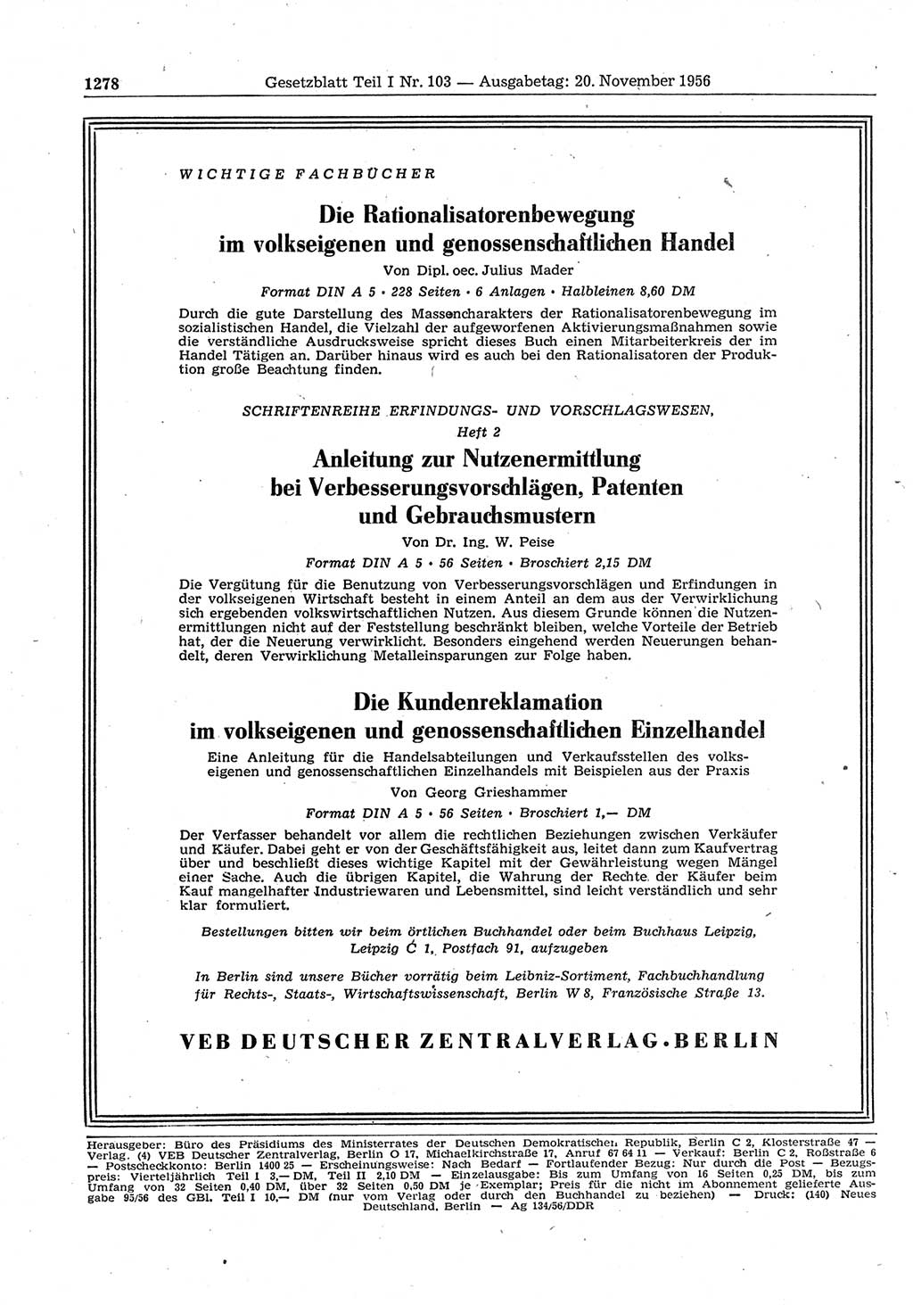 Gesetzblatt (GBl.) der Deutschen Demokratischen Republik (DDR) Teil Ⅰ 1956, Seite 1278 (GBl. DDR Ⅰ 1956, S. 1278)