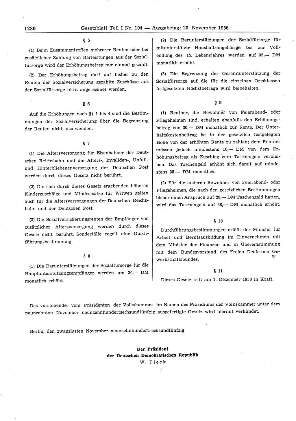 Gesetzblatt (GBl.) der Deutschen Demokratischen Republik (DDR) Teil Ⅰ 1956, Seite 1280 (GBl. DDR Ⅰ 1956, S. 1280)