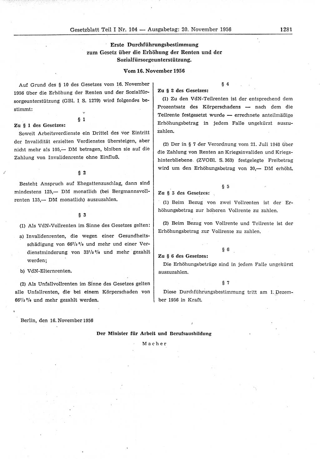 Gesetzblatt (GBl.) der Deutschen Demokratischen Republik (DDR) Teil Ⅰ 1956, Seite 1281 (GBl. DDR Ⅰ 1956, S. 1281)