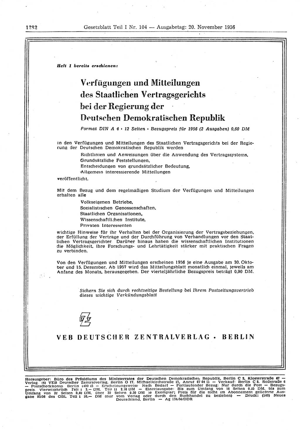Gesetzblatt (GBl.) der Deutschen Demokratischen Republik (DDR) Teil Ⅰ 1956, Seite 1282 (GBl. DDR Ⅰ 1956, S. 1282)