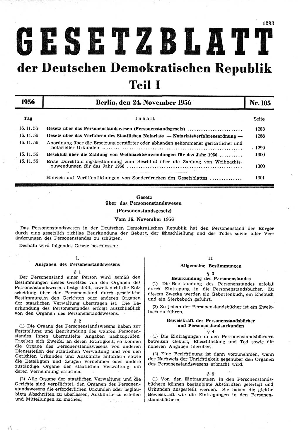 Gesetzblatt (GBl.) der Deutschen Demokratischen Republik (DDR) Teil Ⅰ 1956, Seite 1283 (GBl. DDR Ⅰ 1956, S. 1283)
