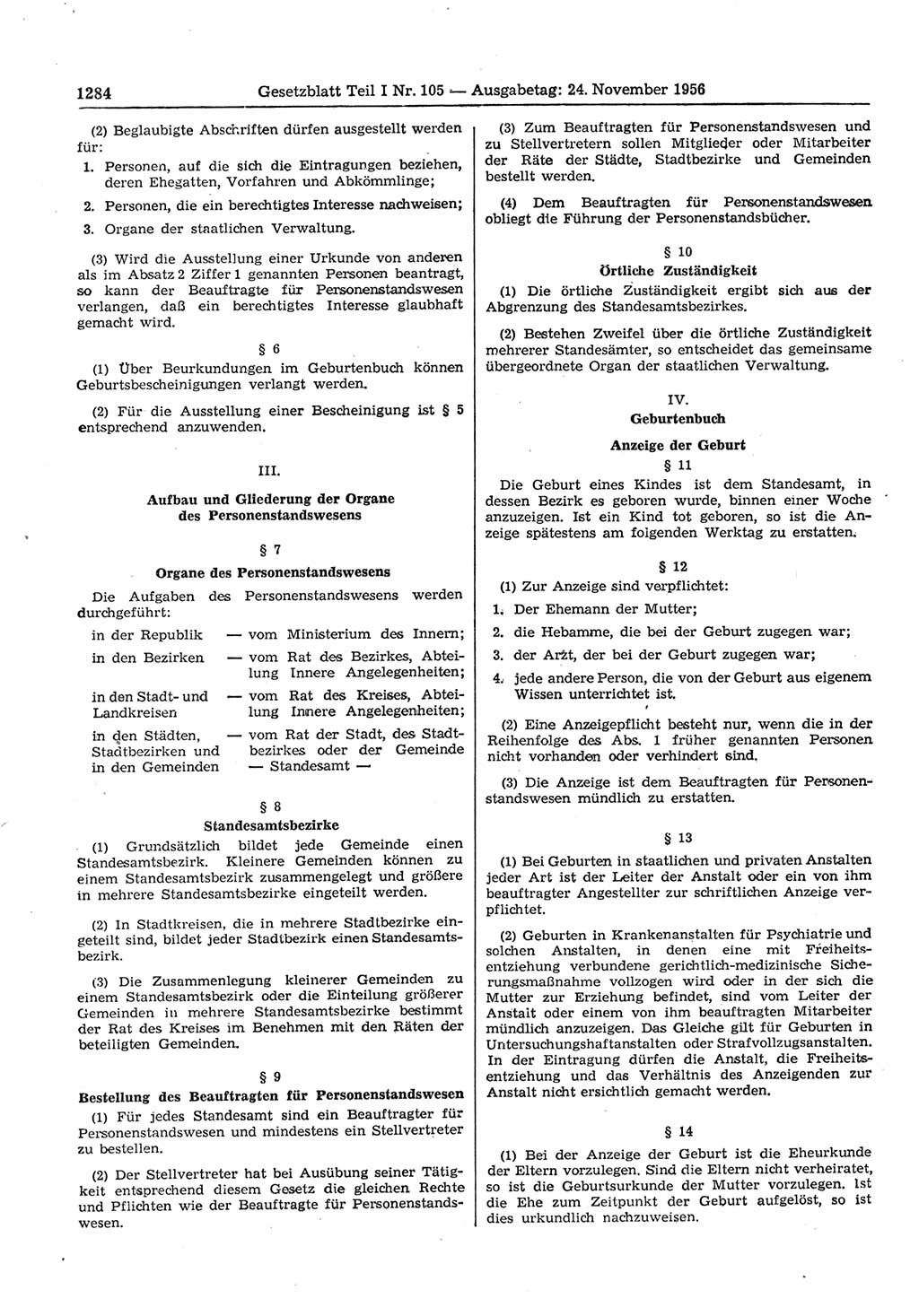 Gesetzblatt (GBl.) der Deutschen Demokratischen Republik (DDR) Teil Ⅰ 1956, Seite 1284 (GBl. DDR Ⅰ 1956, S. 1284)