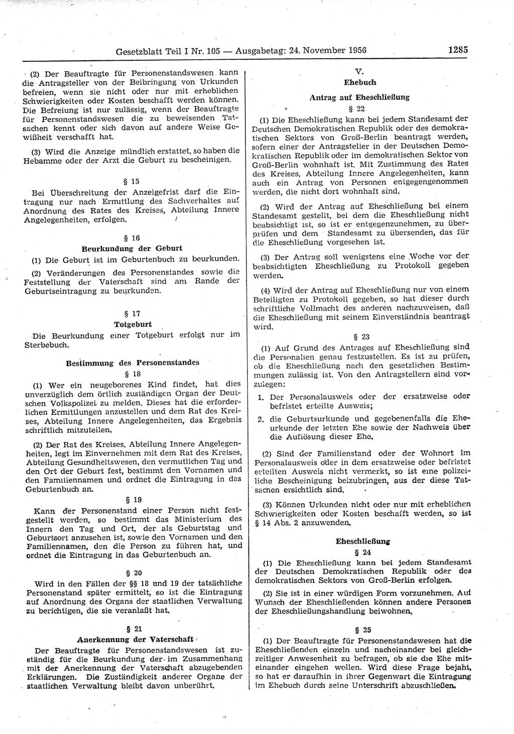 Gesetzblatt (GBl.) der Deutschen Demokratischen Republik (DDR) Teil Ⅰ 1956, Seite 1285 (GBl. DDR Ⅰ 1956, S. 1285)