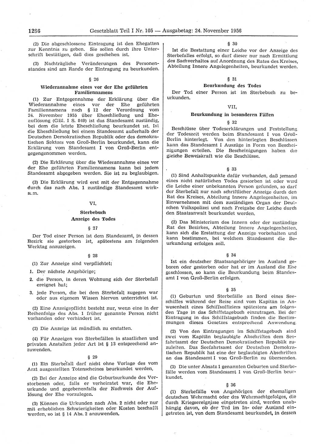 Gesetzblatt (GBl.) der Deutschen Demokratischen Republik (DDR) Teil Ⅰ 1956, Seite 1286 (GBl. DDR Ⅰ 1956, S. 1286)