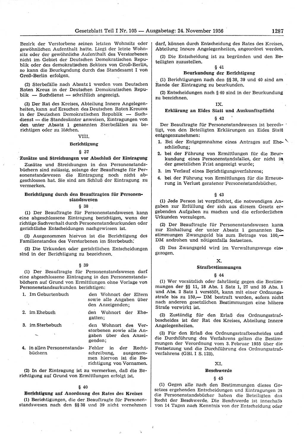 Gesetzblatt (GBl.) der Deutschen Demokratischen Republik (DDR) Teil Ⅰ 1956, Seite 1287 (GBl. DDR Ⅰ 1956, S. 1287)