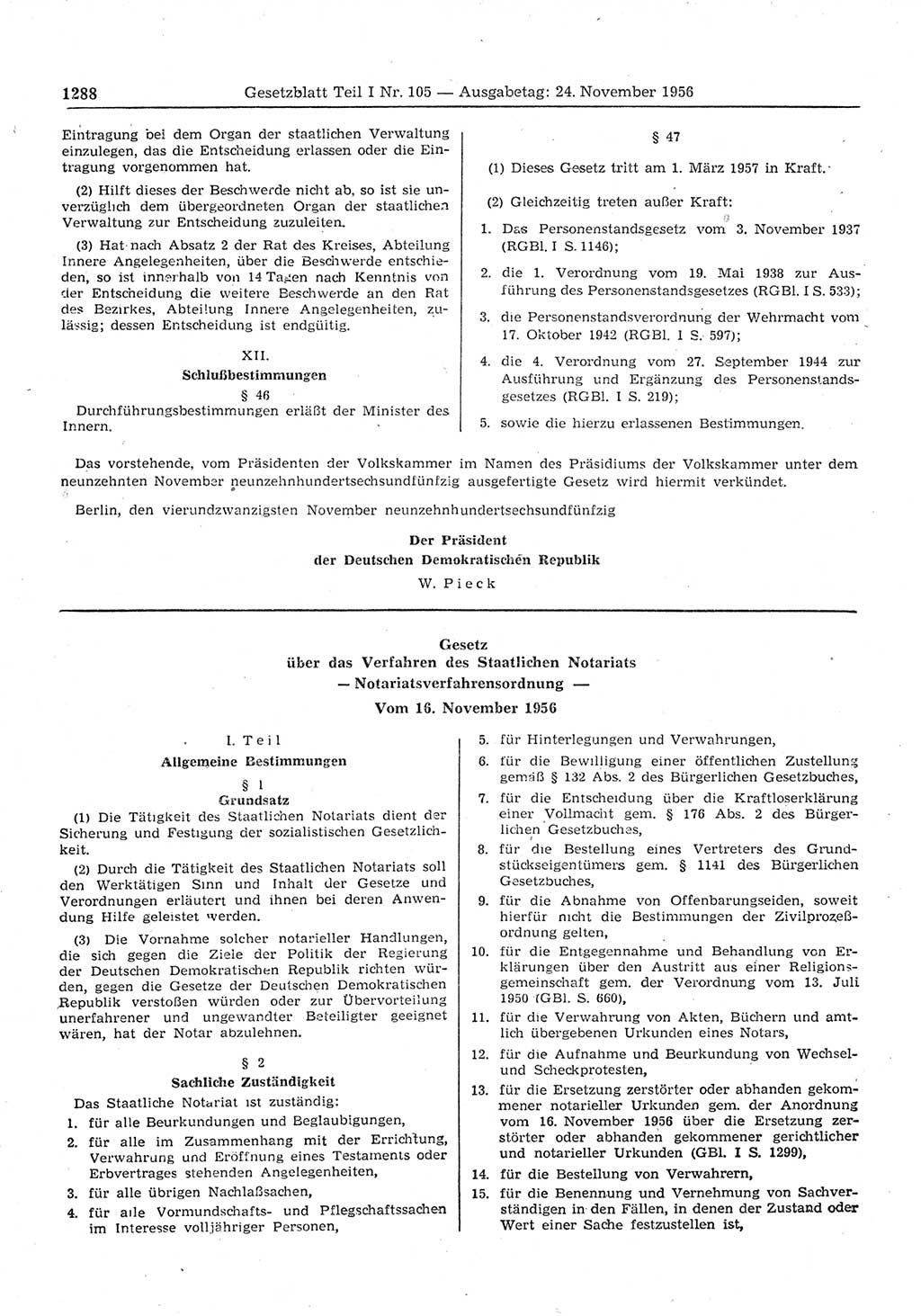 Gesetzblatt (GBl.) der Deutschen Demokratischen Republik (DDR) Teil Ⅰ 1956, Seite 1288 (GBl. DDR Ⅰ 1956, S. 1288)