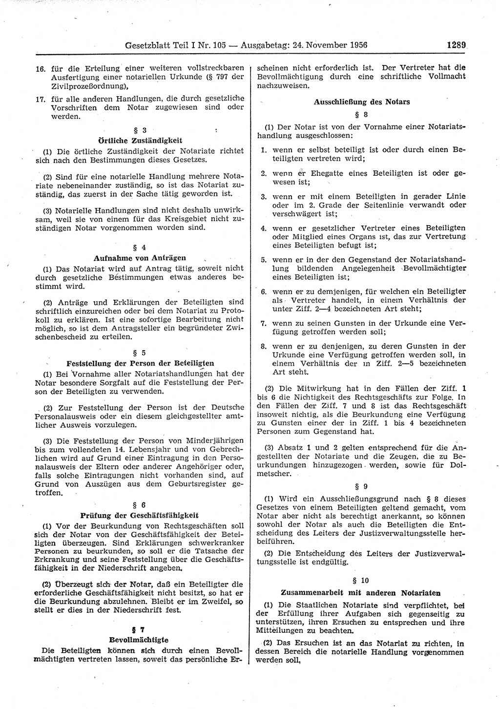 Gesetzblatt (GBl.) der Deutschen Demokratischen Republik (DDR) Teil Ⅰ 1956, Seite 1289 (GBl. DDR Ⅰ 1956, S. 1289)