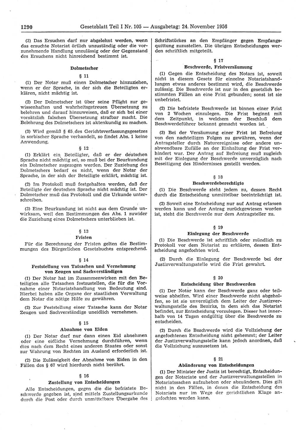 Gesetzblatt (GBl.) der Deutschen Demokratischen Republik (DDR) Teil Ⅰ 1956, Seite 1290 (GBl. DDR Ⅰ 1956, S. 1290)