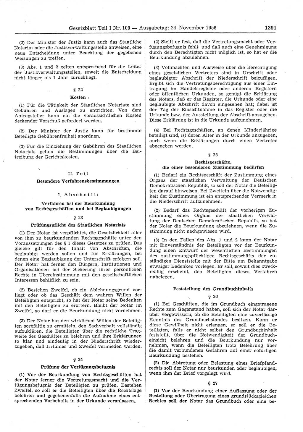 Gesetzblatt (GBl.) der Deutschen Demokratischen Republik (DDR) Teil Ⅰ 1956, Seite 1291 (GBl. DDR Ⅰ 1956, S. 1291)