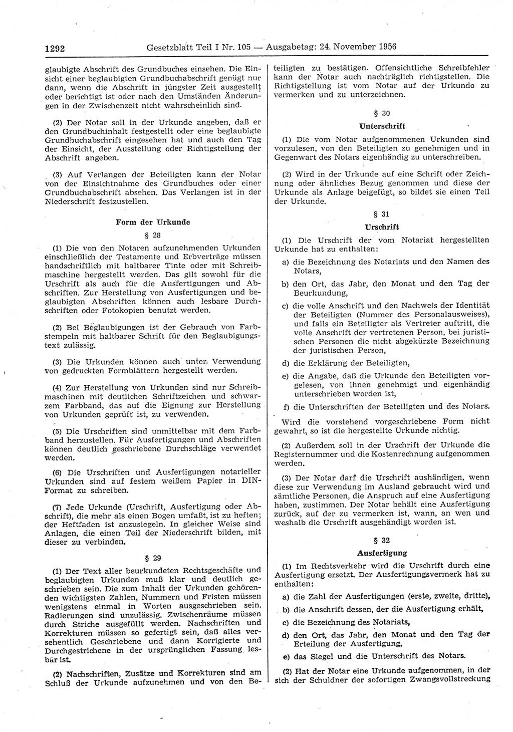 Gesetzblatt (GBl.) der Deutschen Demokratischen Republik (DDR) Teil Ⅰ 1956, Seite 1292 (GBl. DDR Ⅰ 1956, S. 1292)
