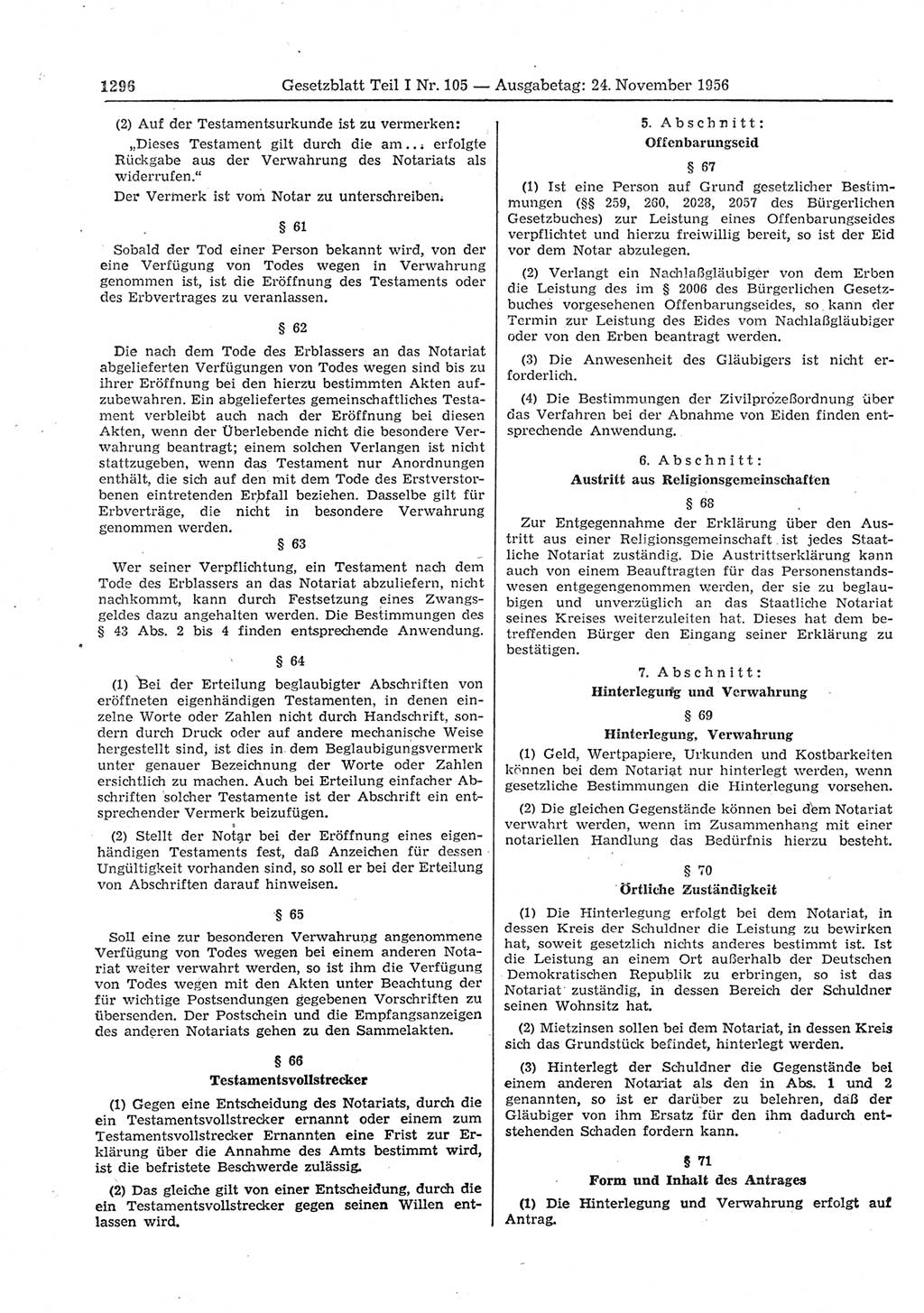 Gesetzblatt (GBl.) der Deutschen Demokratischen Republik (DDR) Teil Ⅰ 1956, Seite 1296 (GBl. DDR Ⅰ 1956, S. 1296)
