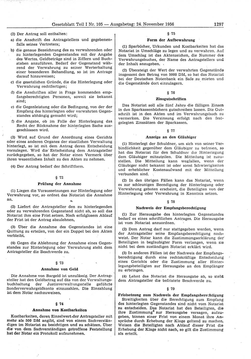 Gesetzblatt (GBl.) der Deutschen Demokratischen Republik (DDR) Teil Ⅰ 1956, Seite 1297 (GBl. DDR Ⅰ 1956, S. 1297)