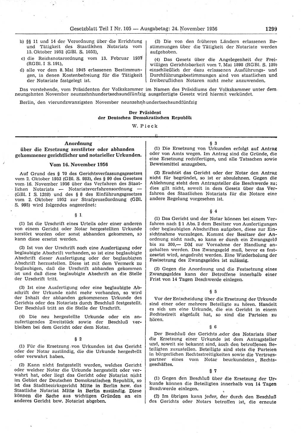 Gesetzblatt (GBl.) der Deutschen Demokratischen Republik (DDR) Teil Ⅰ 1956, Seite 1299 (GBl. DDR Ⅰ 1956, S. 1299)