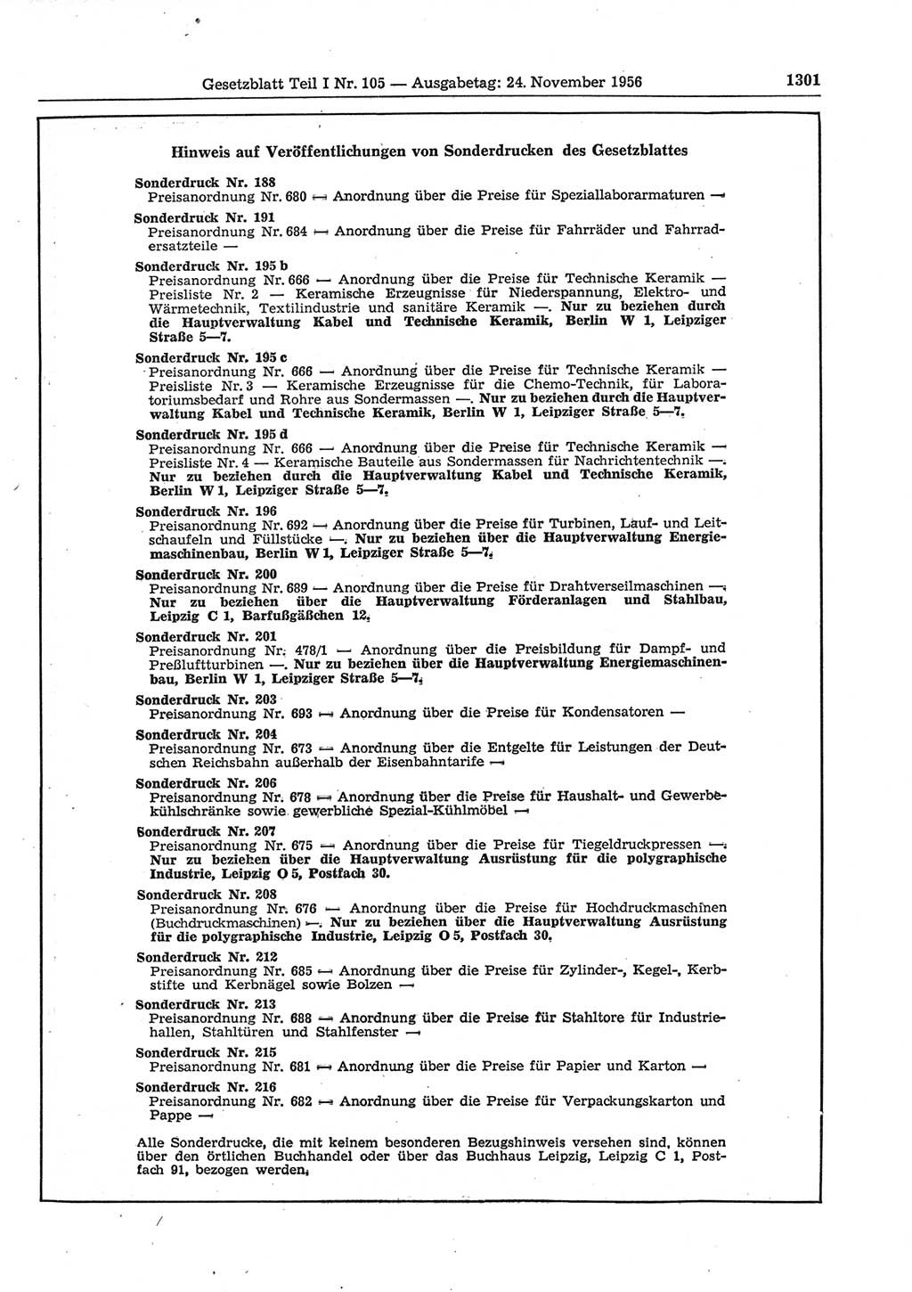 Gesetzblatt (GBl.) der Deutschen Demokratischen Republik (DDR) Teil Ⅰ 1956, Seite 1301 (GBl. DDR Ⅰ 1956, S. 1301)