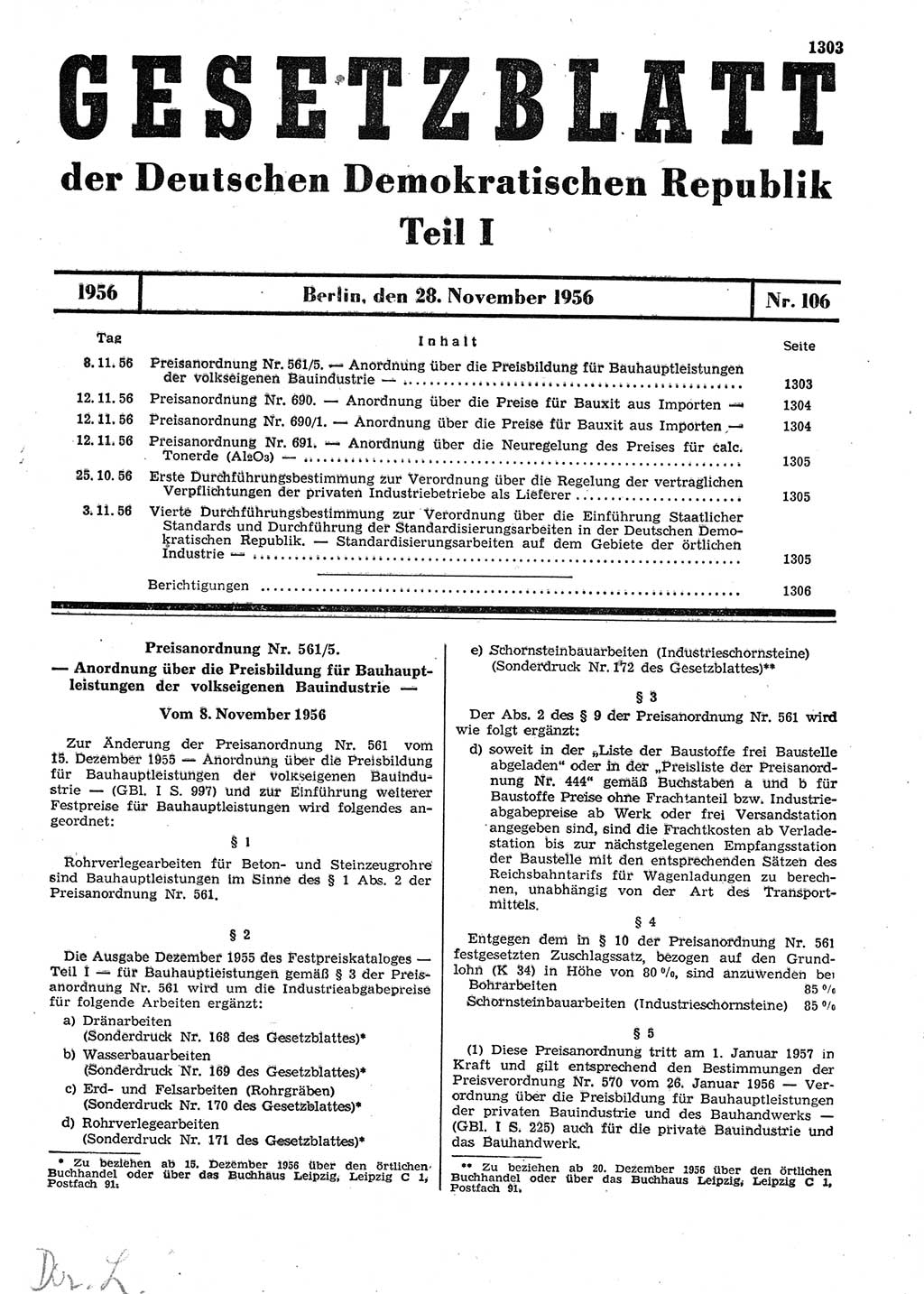 Gesetzblatt (GBl.) der Deutschen Demokratischen Republik (DDR) Teil Ⅰ 1956, Seite 1303 (GBl. DDR Ⅰ 1956, S. 1303)