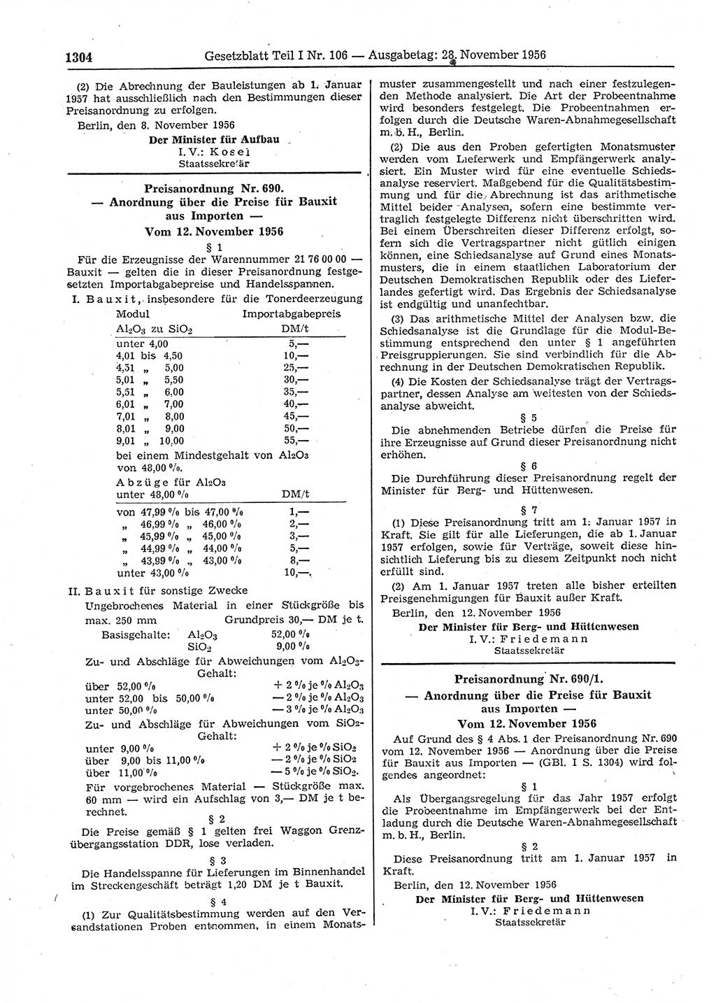Gesetzblatt (GBl.) der Deutschen Demokratischen Republik (DDR) Teil Ⅰ 1956, Seite 1304 (GBl. DDR Ⅰ 1956, S. 1304)