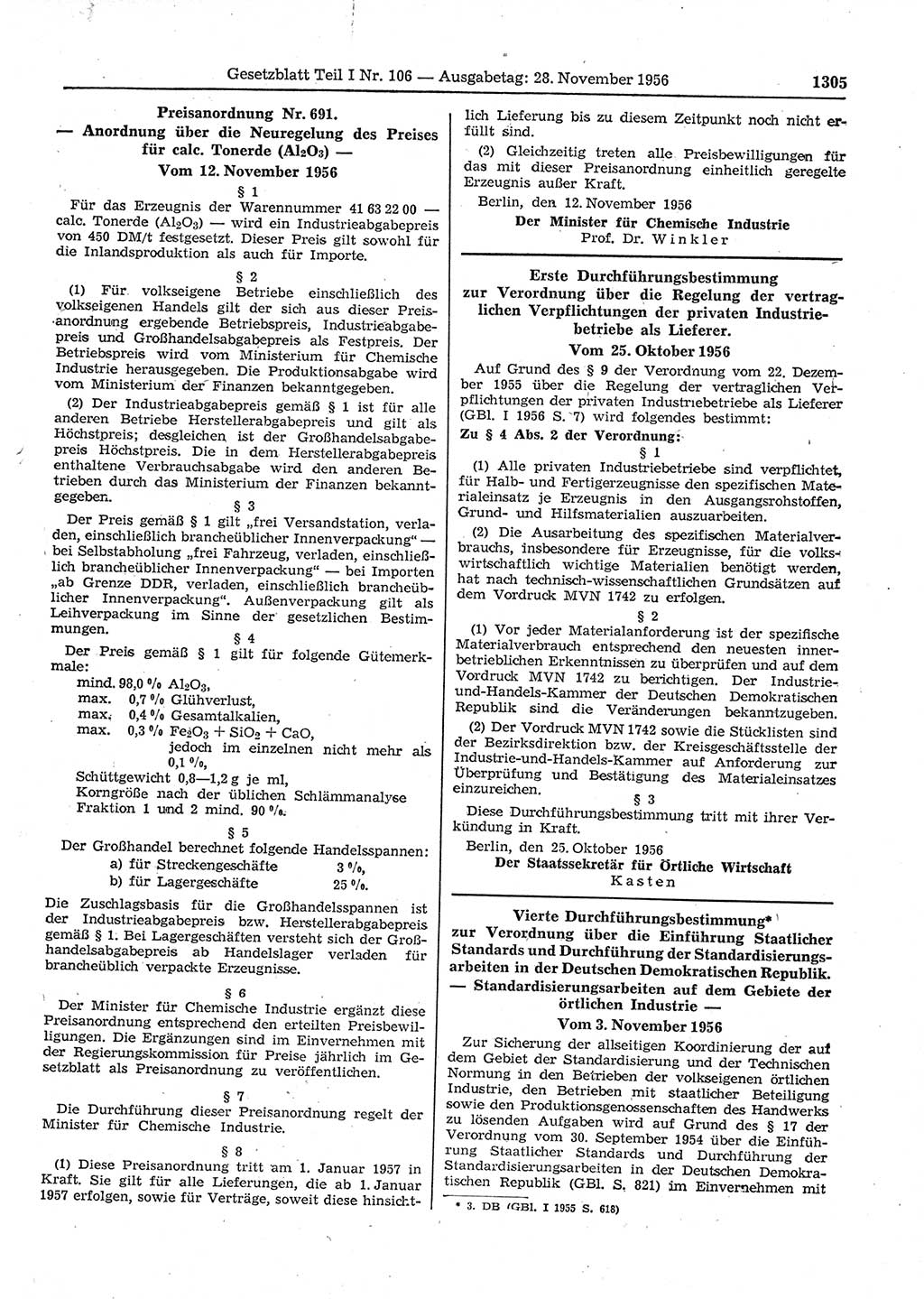 Gesetzblatt (GBl.) der Deutschen Demokratischen Republik (DDR) Teil Ⅰ 1956, Seite 1305 (GBl. DDR Ⅰ 1956, S. 1305)