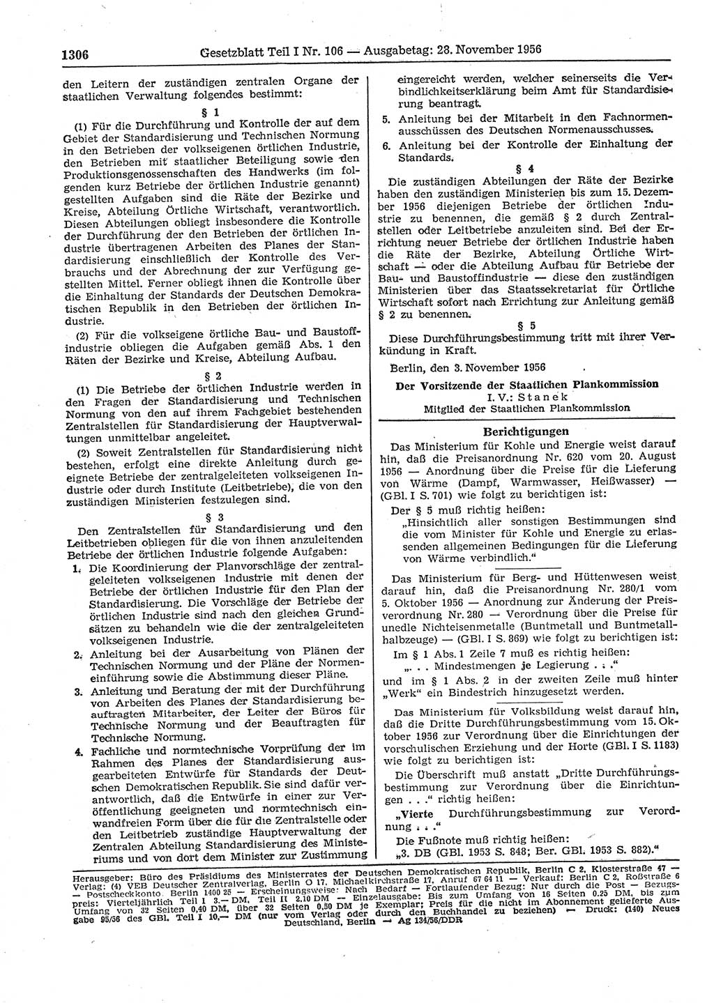 Gesetzblatt (GBl.) der Deutschen Demokratischen Republik (DDR) Teil Ⅰ 1956, Seite 1306 (GBl. DDR Ⅰ 1956, S. 1306)