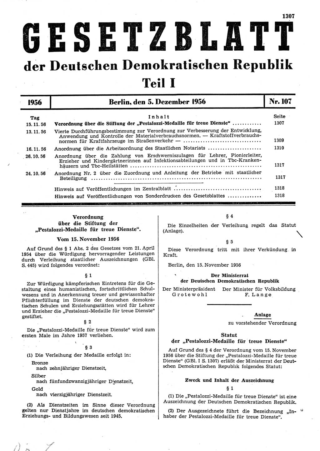 Gesetzblatt (GBl.) der Deutschen Demokratischen Republik (DDR) Teil Ⅰ 1956, Seite 1307 (GBl. DDR Ⅰ 1956, S. 1307)
