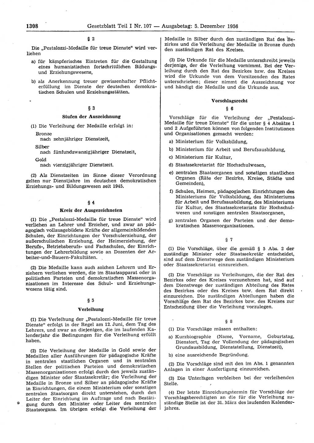 Gesetzblatt (GBl.) der Deutschen Demokratischen Republik (DDR) Teil Ⅰ 1956, Seite 1308 (GBl. DDR Ⅰ 1956, S. 1308)