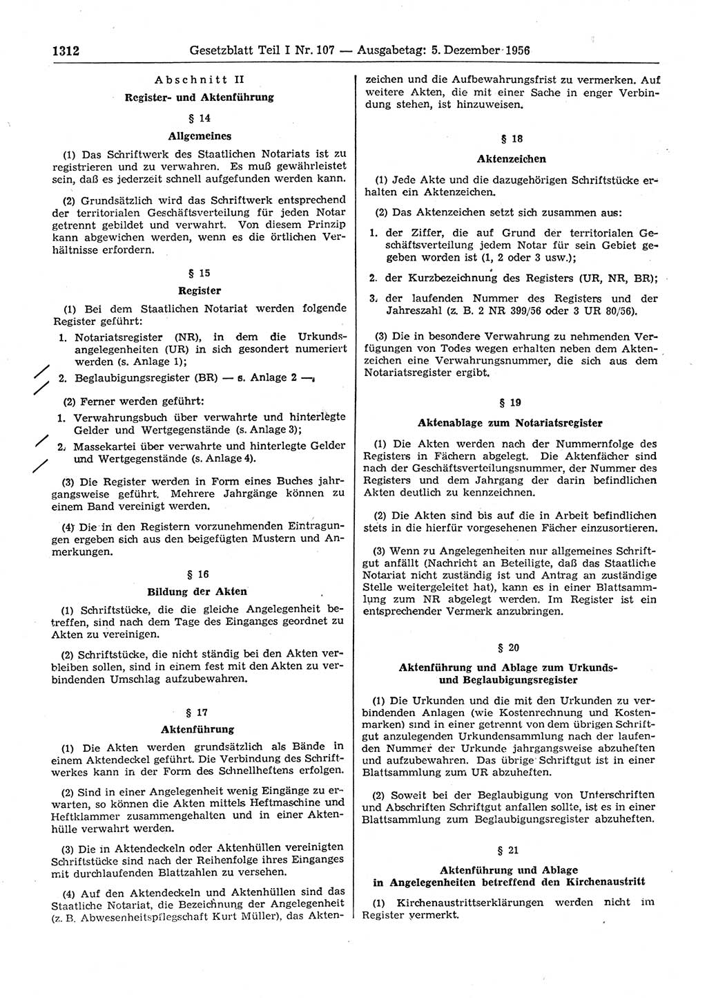 Gesetzblatt (GBl.) der Deutschen Demokratischen Republik (DDR) Teil Ⅰ 1956, Seite 1312 (GBl. DDR Ⅰ 1956, S. 1312)