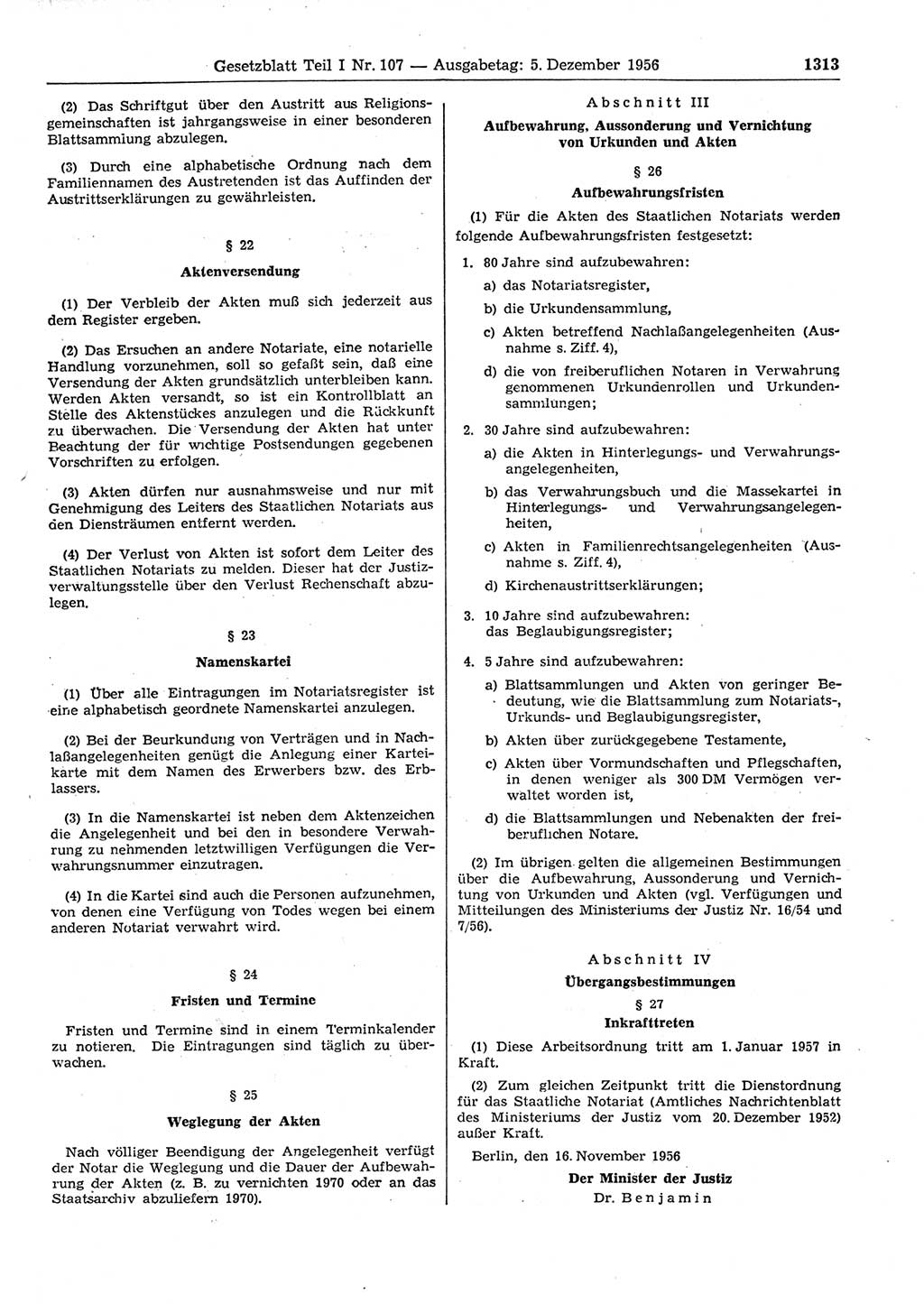 Gesetzblatt (GBl.) der Deutschen Demokratischen Republik (DDR) Teil Ⅰ 1956, Seite 1313 (GBl. DDR Ⅰ 1956, S. 1313)