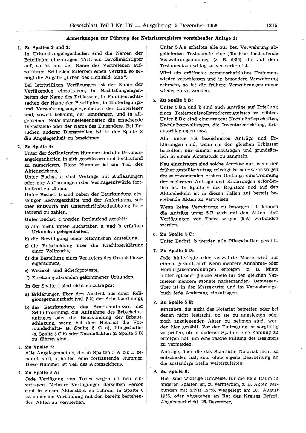 Gesetzblatt (GBl.) der Deutschen Demokratischen Republik (DDR) Teil Ⅰ 1956, Seite 1315 (GBl. DDR Ⅰ 1956, S. 1315)