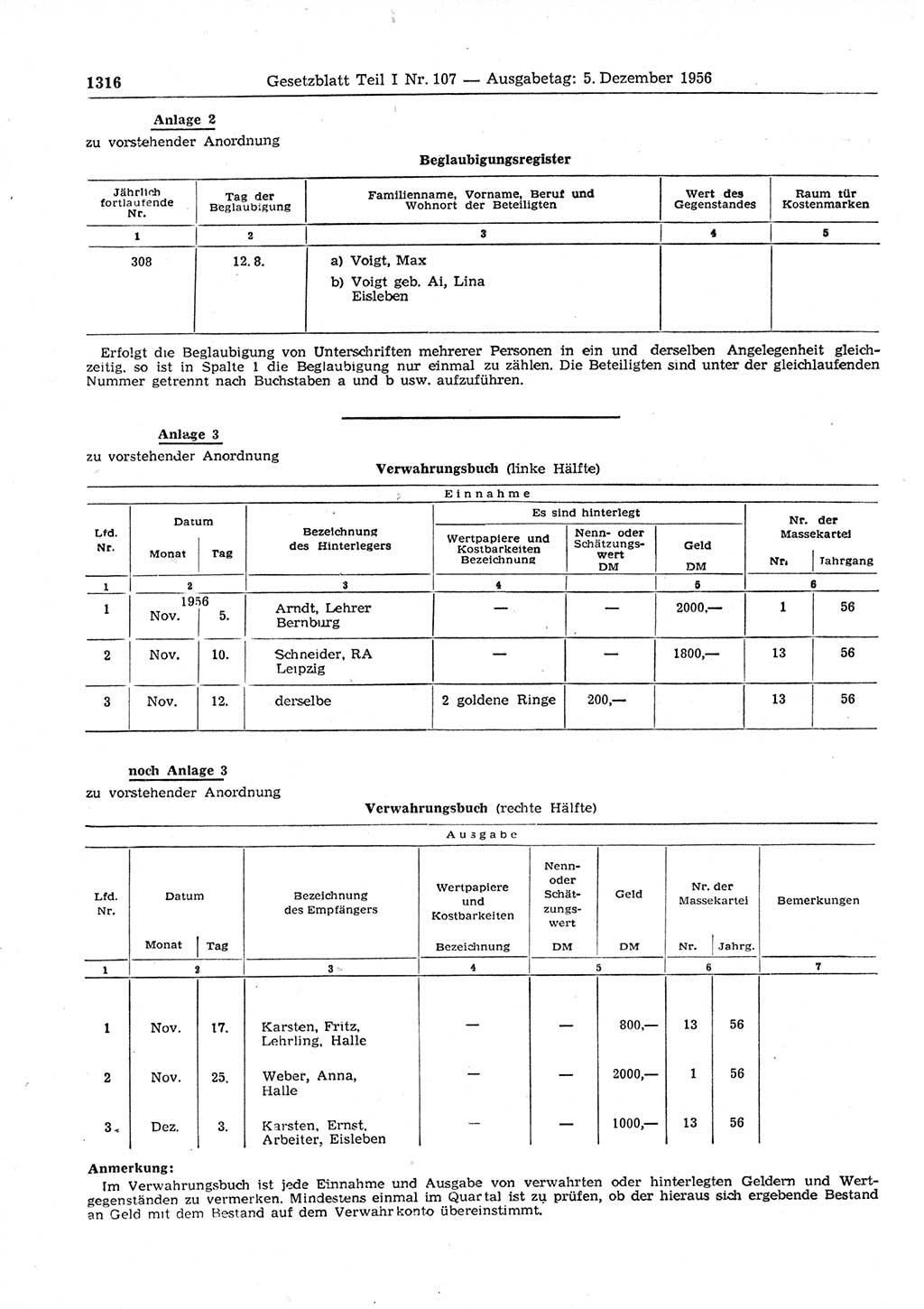 Gesetzblatt (GBl.) der Deutschen Demokratischen Republik (DDR) Teil Ⅰ 1956, Seite 1316 (GBl. DDR Ⅰ 1956, S. 1316)