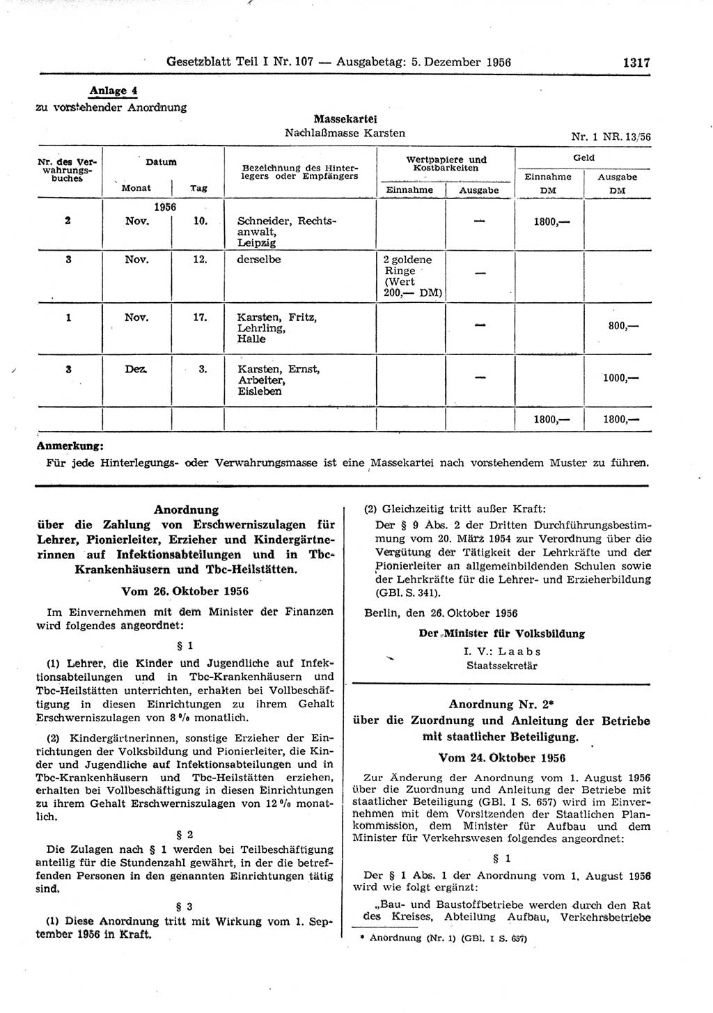 Gesetzblatt (GBl.) der Deutschen Demokratischen Republik (DDR) Teil Ⅰ 1956, Seite 1317 (GBl. DDR Ⅰ 1956, S. 1317)