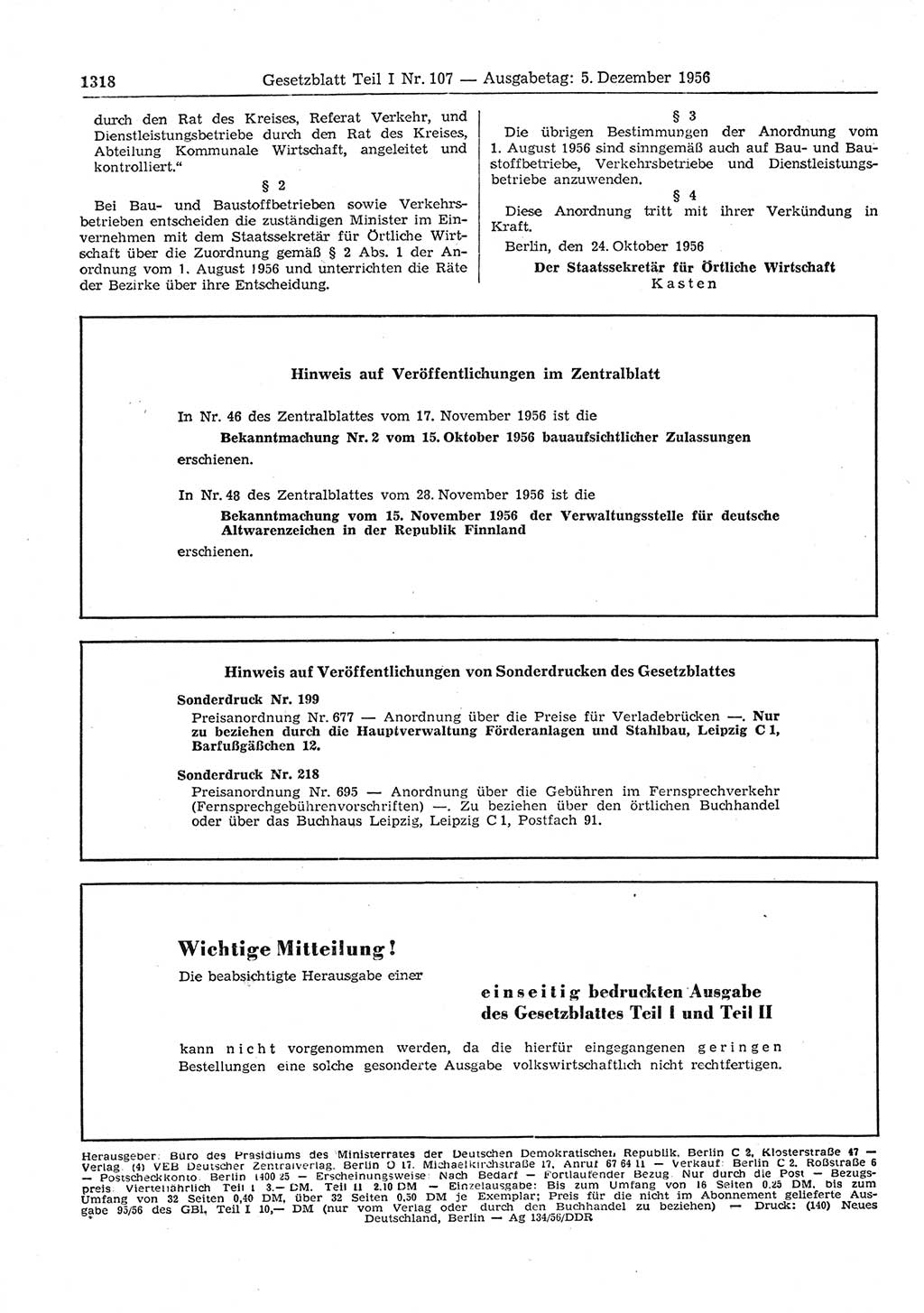 Gesetzblatt (GBl.) der Deutschen Demokratischen Republik (DDR) Teil Ⅰ 1956, Seite 1318 (GBl. DDR Ⅰ 1956, S. 1318)
