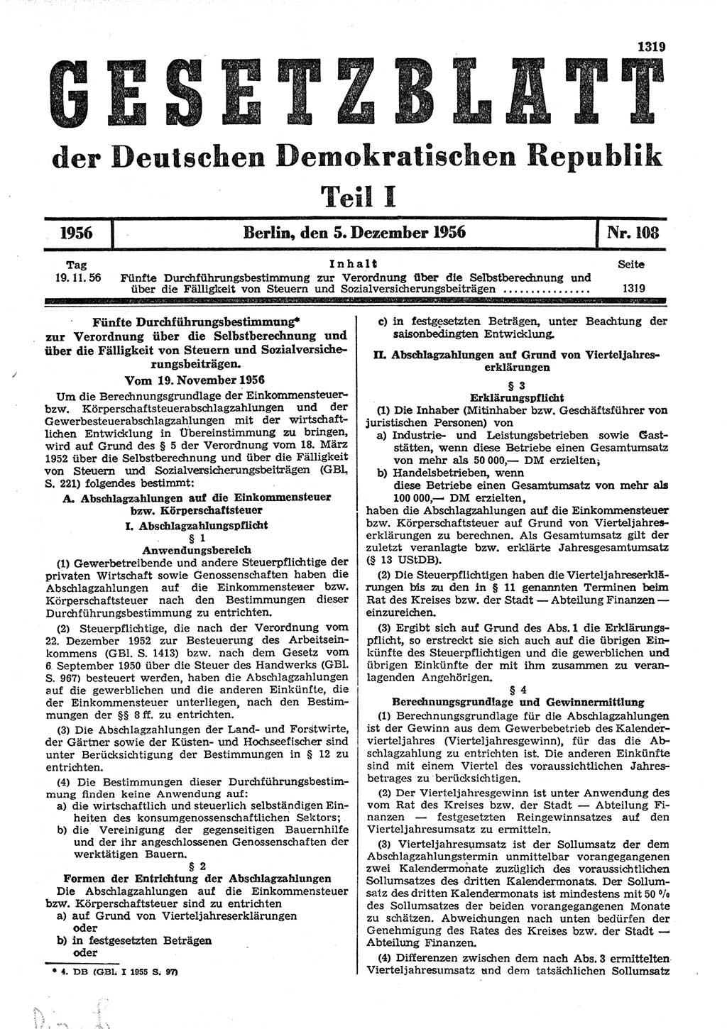 Gesetzblatt (GBl.) der Deutschen Demokratischen Republik (DDR) Teil Ⅰ 1956, Seite 1319 (GBl. DDR Ⅰ 1956, S. 1319)