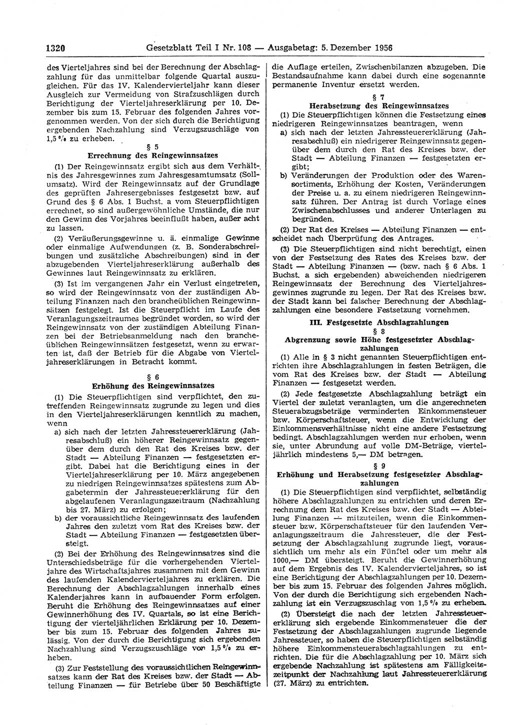 Gesetzblatt (GBl.) der Deutschen Demokratischen Republik (DDR) Teil Ⅰ 1956, Seite 1320 (GBl. DDR Ⅰ 1956, S. 1320)