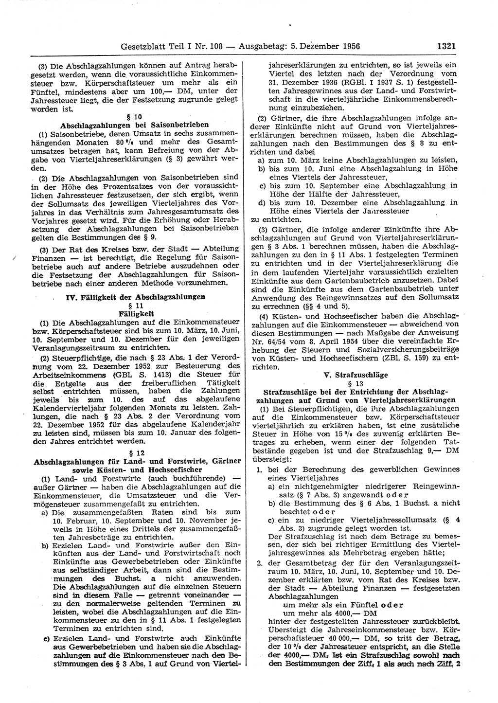 Gesetzblatt (GBl.) der Deutschen Demokratischen Republik (DDR) Teil Ⅰ 1956, Seite 1321 (GBl. DDR Ⅰ 1956, S. 1321)