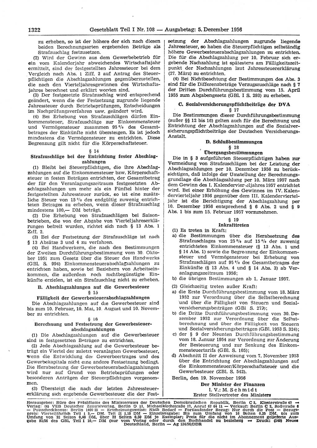 Gesetzblatt (GBl.) der Deutschen Demokratischen Republik (DDR) Teil Ⅰ 1956, Seite 1322 (GBl. DDR Ⅰ 1956, S. 1322)