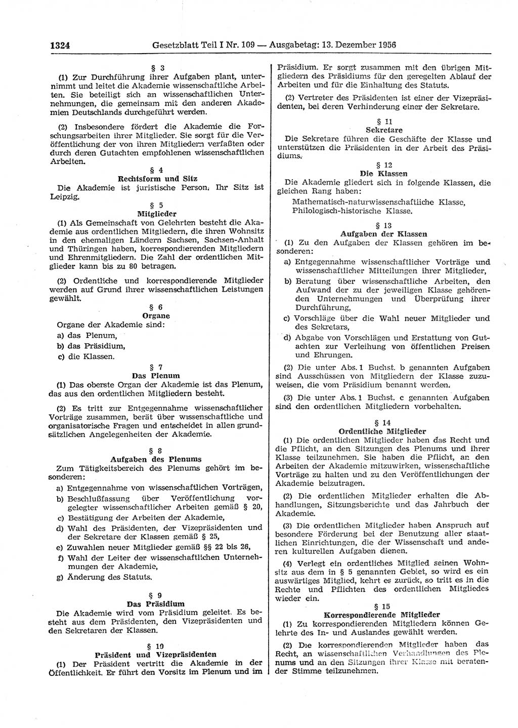 Gesetzblatt (GBl.) der Deutschen Demokratischen Republik (DDR) Teil Ⅰ 1956, Seite 1324 (GBl. DDR Ⅰ 1956, S. 1324)