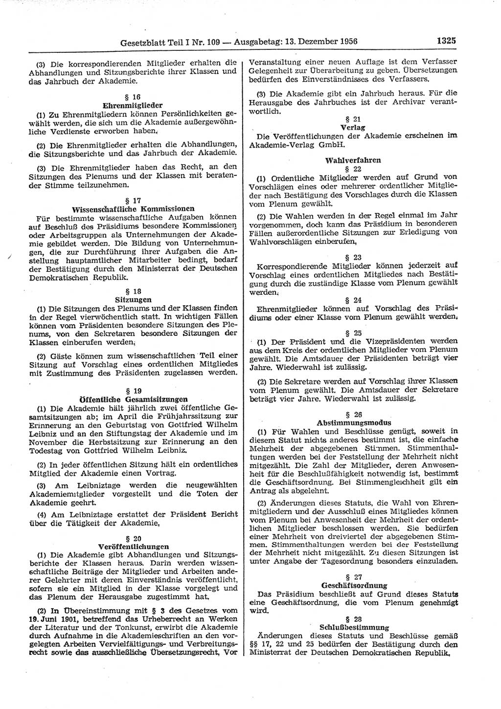 Gesetzblatt (GBl.) der Deutschen Demokratischen Republik (DDR) Teil Ⅰ 1956, Seite 1325 (GBl. DDR Ⅰ 1956, S. 1325)
