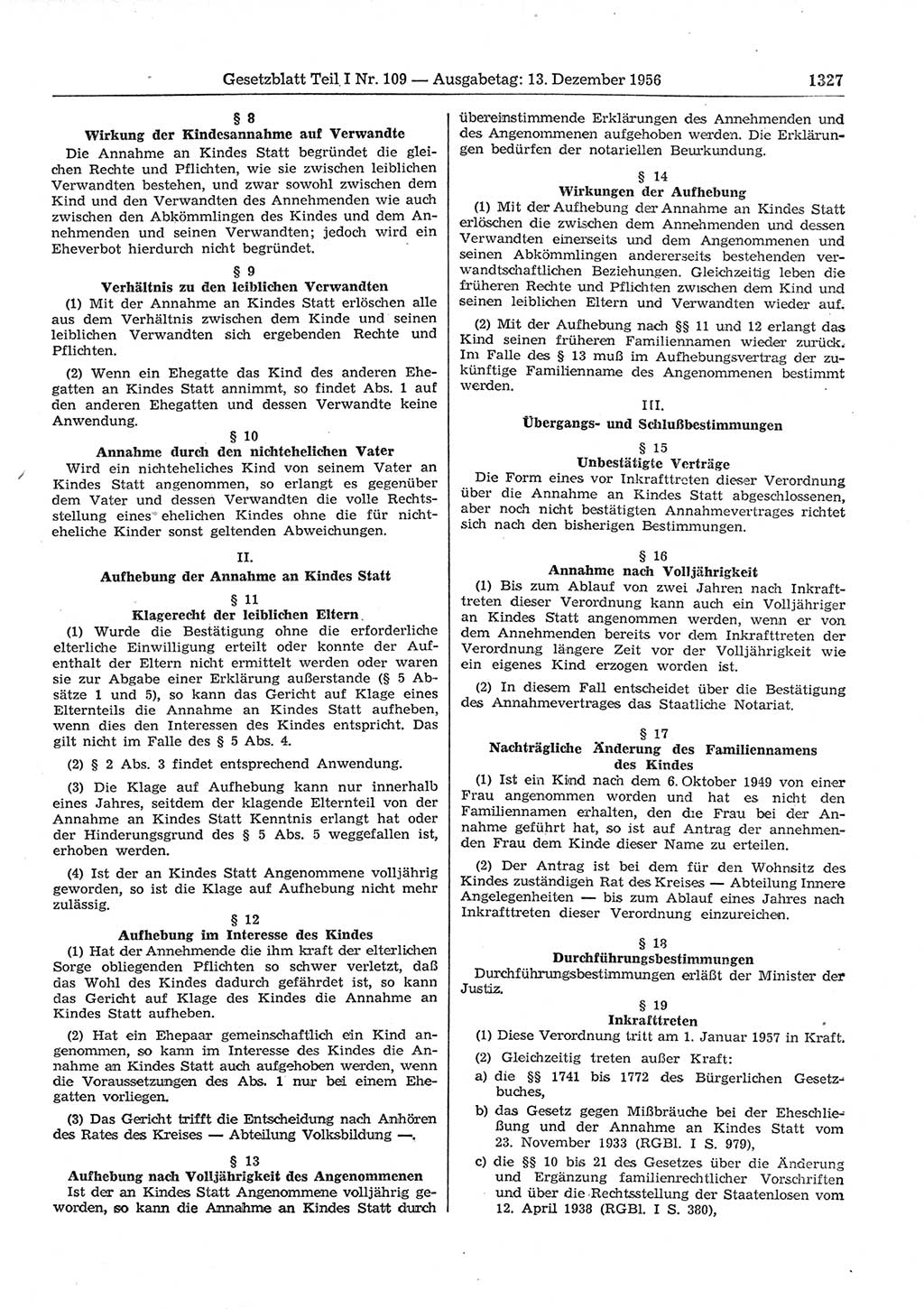 Gesetzblatt (GBl.) der Deutschen Demokratischen Republik (DDR) Teil Ⅰ 1956, Seite 1327 (GBl. DDR Ⅰ 1956, S. 1327)