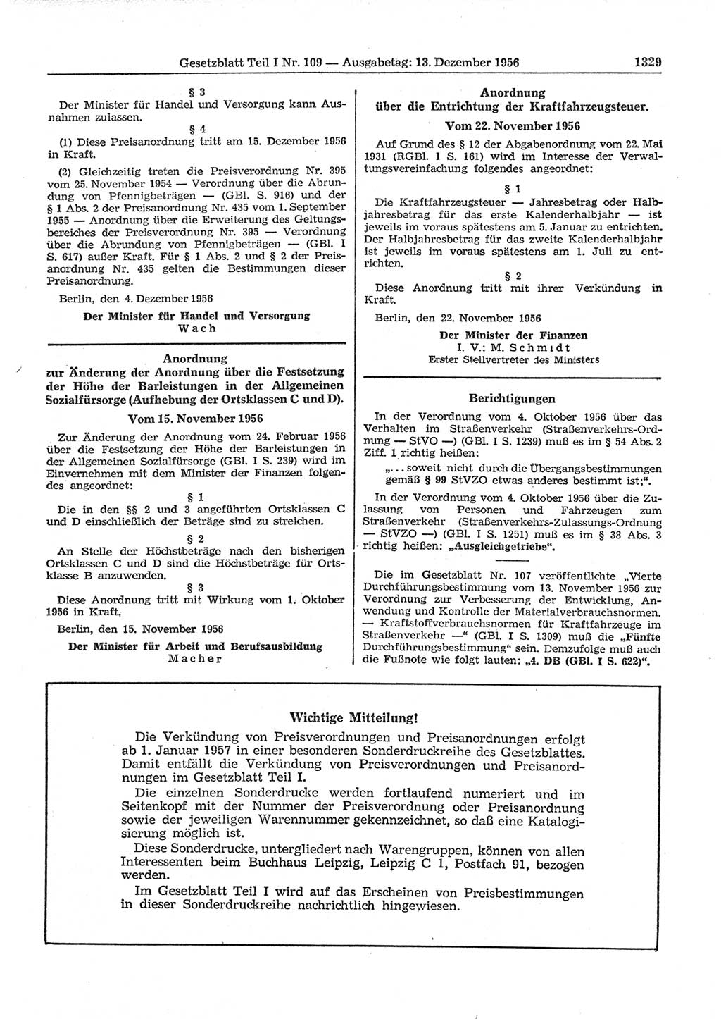 Gesetzblatt (GBl.) der Deutschen Demokratischen Republik (DDR) Teil Ⅰ 1956, Seite 1329 (GBl. DDR Ⅰ 1956, S. 1329)
