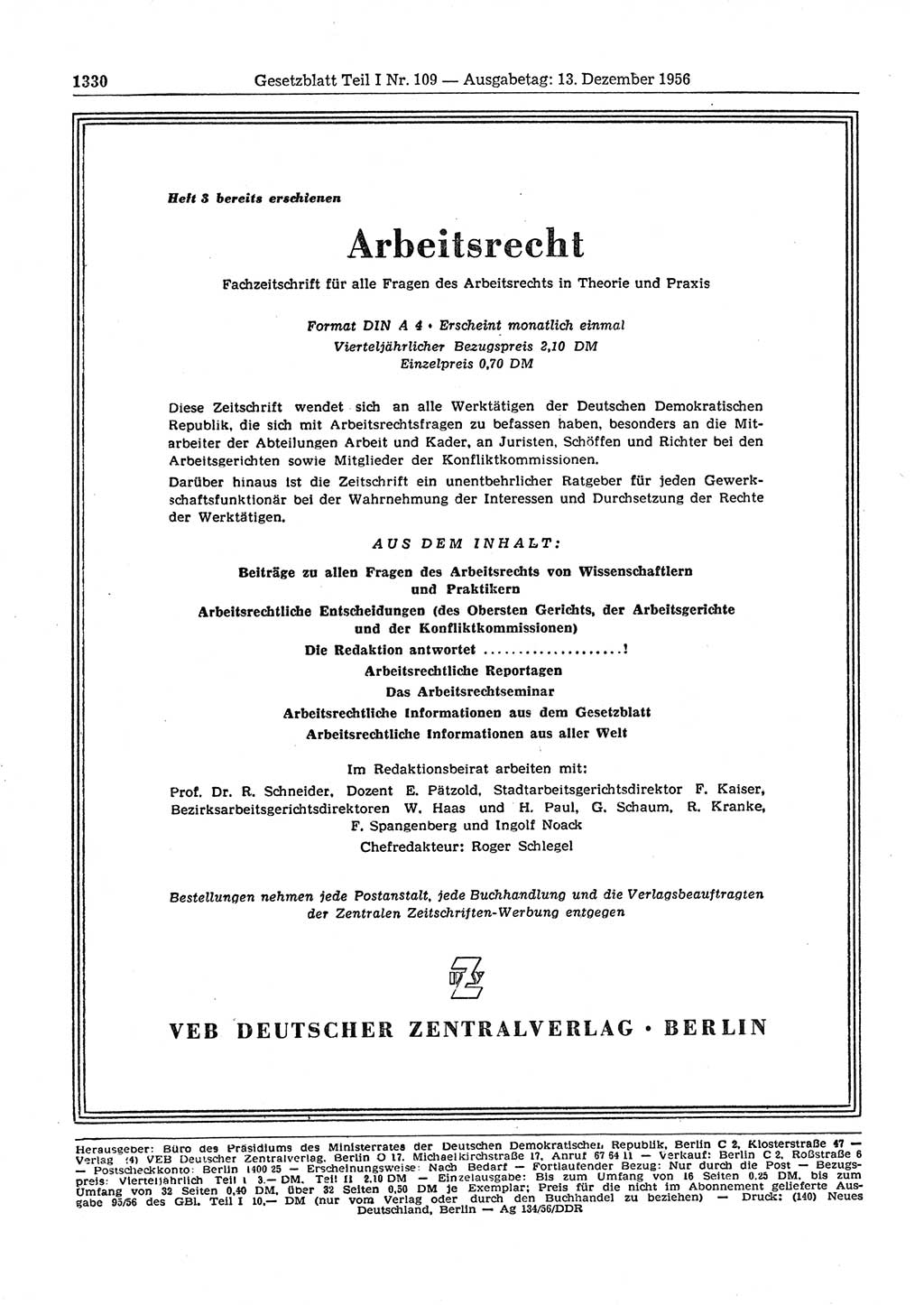 Gesetzblatt (GBl.) der Deutschen Demokratischen Republik (DDR) Teil Ⅰ 1956, Seite 1330 (GBl. DDR Ⅰ 1956, S. 1330)