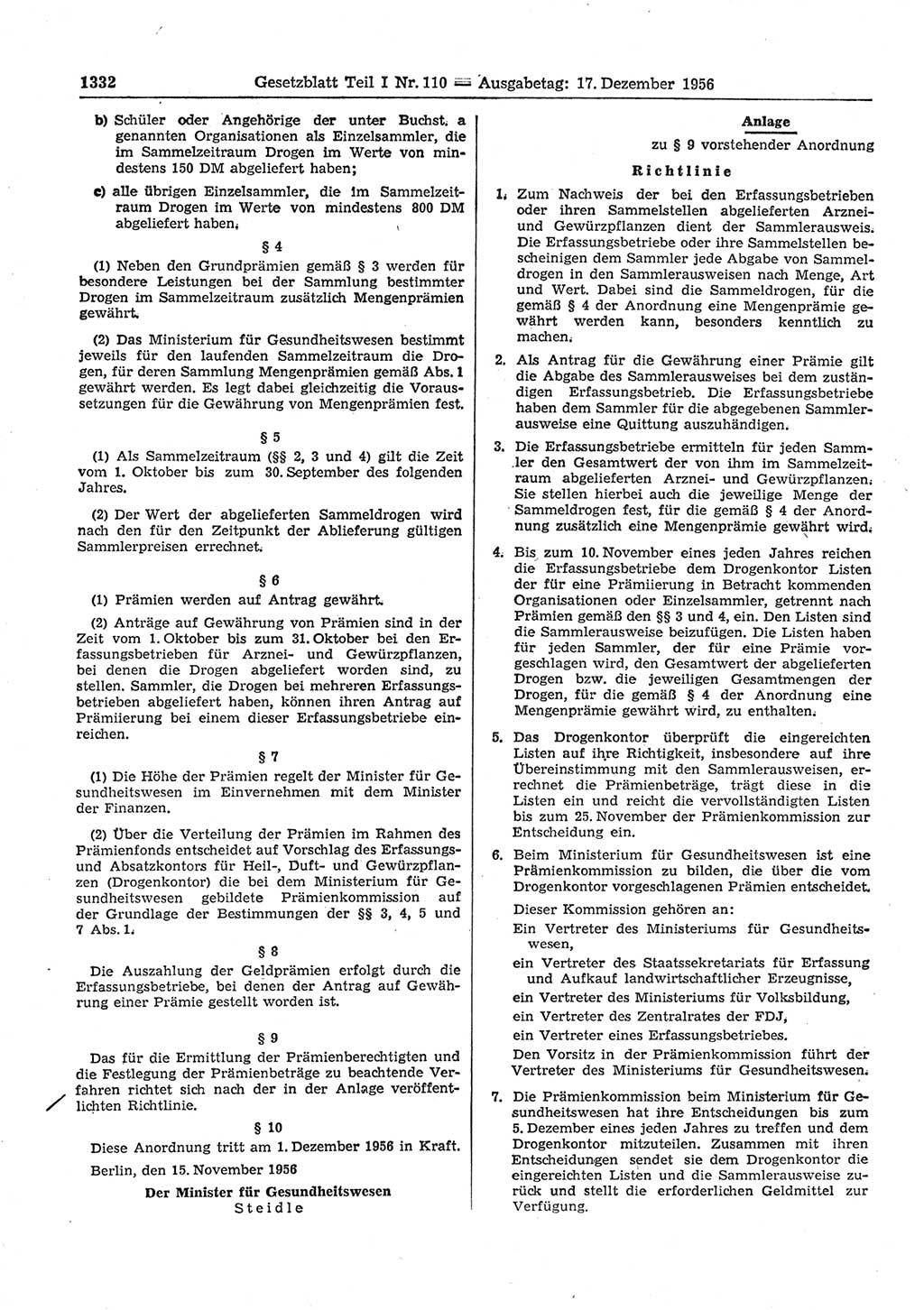 Gesetzblatt (GBl.) der Deutschen Demokratischen Republik (DDR) Teil Ⅰ 1956, Seite 1332 (GBl. DDR Ⅰ 1956, S. 1332)